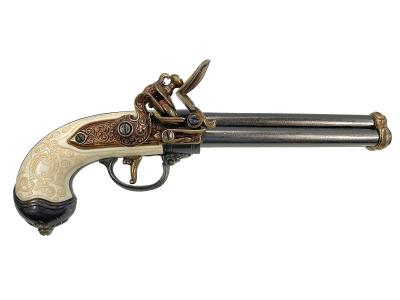 [DENIX] 古式銃 フリントロックピストル 3バレル 金属製 観賞用レプリカ 1016/L ゴールド (中古)サブ画像へ1