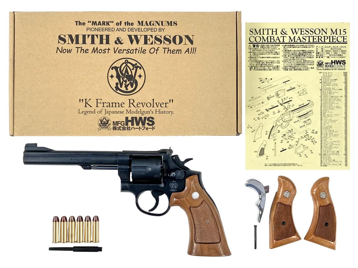 [HWS] S&W M15 コンバット・マスターピース 6インチ サービスサイズ 木製グリップ 標準装備 発火モデルガン グリップカスタム (中古)