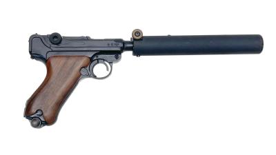 [MGC] ルガーP08 4インチ ABS MG-BLK オープンカート 発火モデルガン サイレンサー付 トリガー破損 (ジャンク)サブ画像へ2