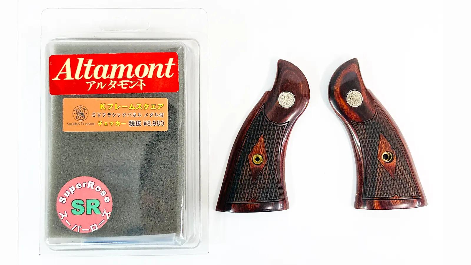 [アルタモント] S&W Kフレーム用 スクエア SVクラシックパネル メタル付 チェッカー スーパーローズ 木製グリップ (中古)